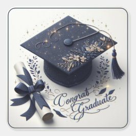 Adesivo Quadrado Elegante Chapéu de Formatura e Diploma