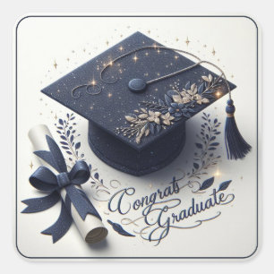Adesivo Quadrado Elegante Chapéu de Formatura e Diploma