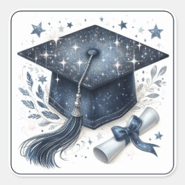 Adesivo Quadrado Elegante Chapéu de Formatura e Diploma