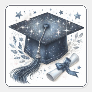 Adesivo Quadrado Elegante Chapéu de Formatura e Diploma