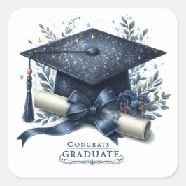 Adesivo Quadrado Elegante Chapéu de Formatura e Diploma