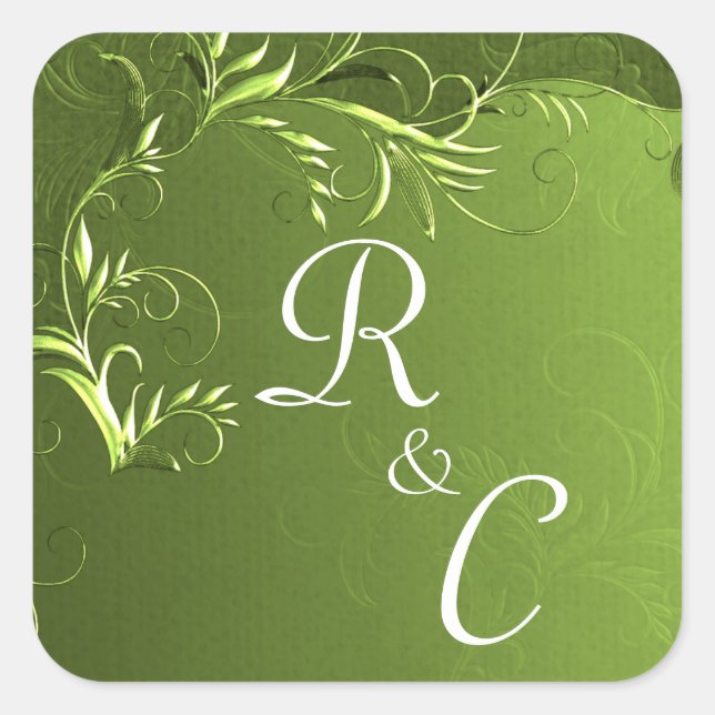 Adesivo Quadrado Elegante Chartreuse Green Wedding Monogrammed (Frente)