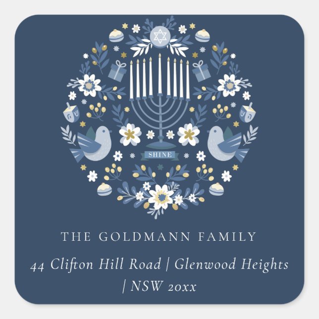 Adesivo Quadrado Elegante Classy Marinho Blue Hanukkah Endereço Flo (Frente)