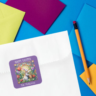 Adesivo Quadrado Elegante Coelho de Páscoa em Arte Nova Roxo Jardim