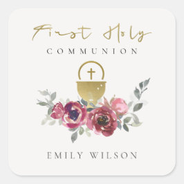 ADESIVO QUADRADO ELEGANTE COMUNHÃO ORO FLORAL BORGONHÔ