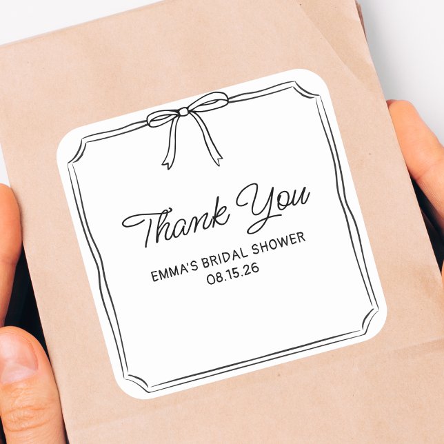 Adesivo Quadrado Elegante Coquete Chic Laço Chá de Noiva Obrigada (Criador carregado)