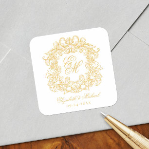 Adesivo Quadrado Elegante Crista de Monograma de Casamento Vintage 