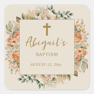 Adesivo Quadrado Elegante Cruz Pêssego Creme Floral Batizado Menina