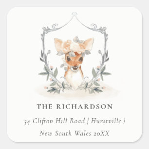 Adesivo Quadrado Elegante Cute Dusky Deer Floral Crest Endereço
