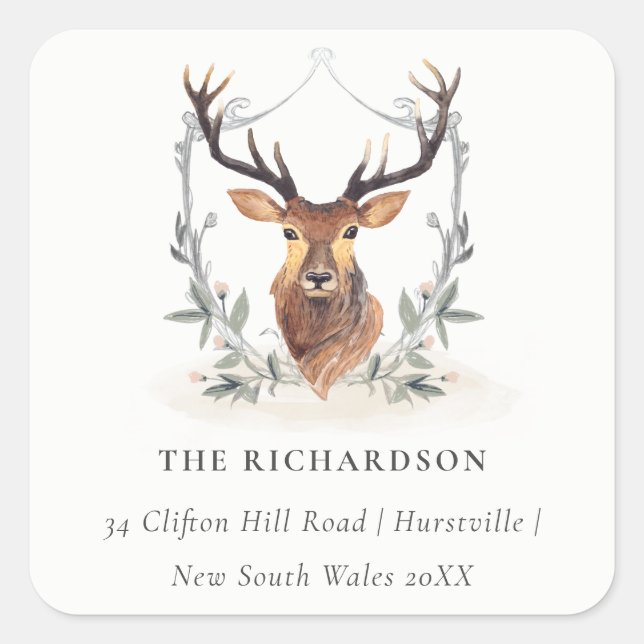Adesivo Quadrado Elegante Cute Dusky Deer Floral Crest Endereço (Frente)