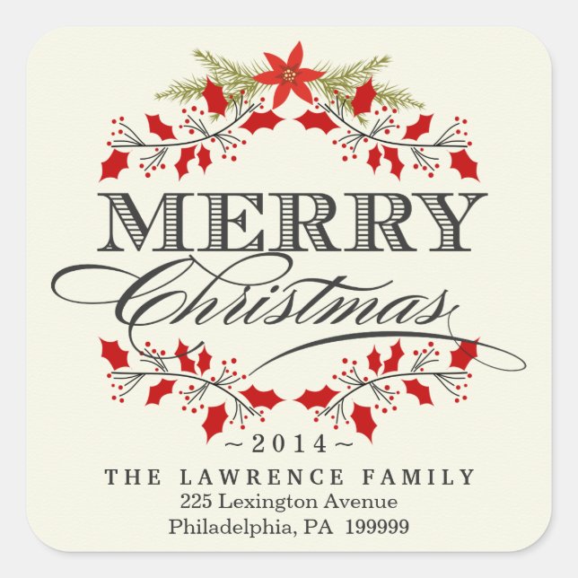 Adesivo Quadrado Elegante de Natal Holly Wreath Square Stickers (Frente)