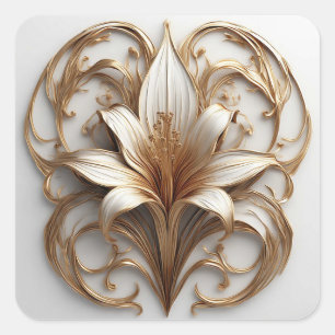 Adesivo Quadrado Elegante Design Ornamental Lírio Dourado Branco