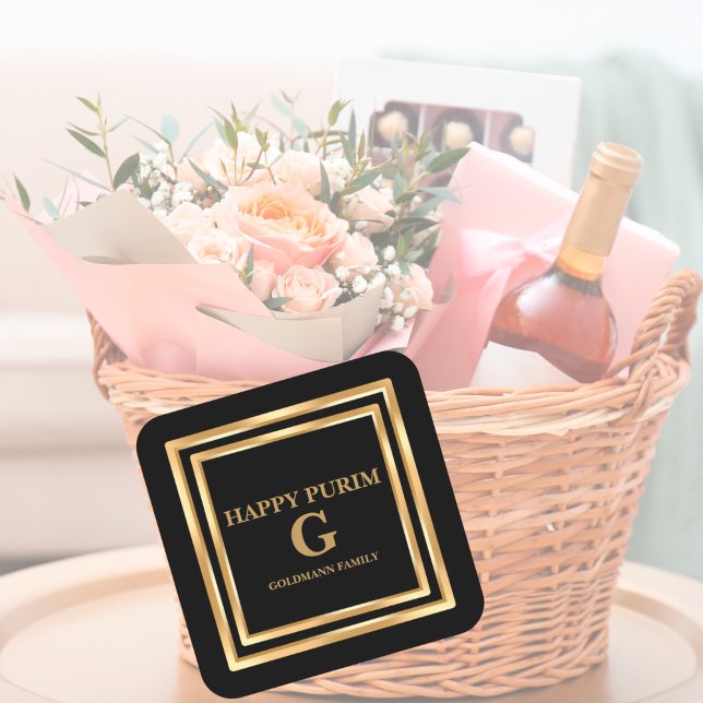 Adesivo Quadrado Elegante Dourado Glitter Happy Purim Personalizado (Criador carregado)