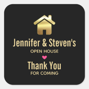 Adesivo Quadrado Elegante Dourado House Símbolo Real Estate Open H