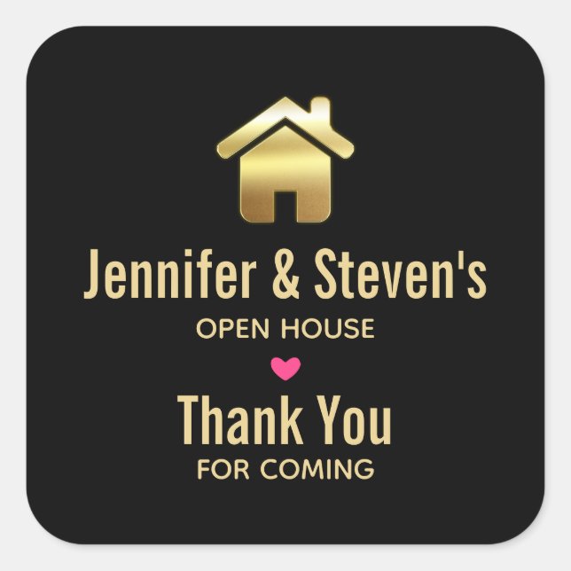 Adesivo Quadrado Elegante Dourado House Símbolo Real Estate Open Ho (Frente)