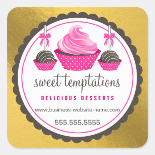 Adesivo Quadrado Elegante Dourado Parece Pop cor-de-rosa Cupcake