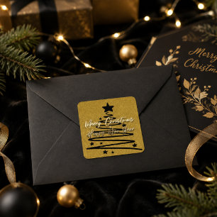 Adesivo Quadrado Elegante Dourado Preto Feliz Natal Ano Novo