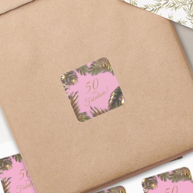 Adesivo Quadrado Elegante Dourado Rosa 50 Fabuloso Aniversário (Criador carregado)