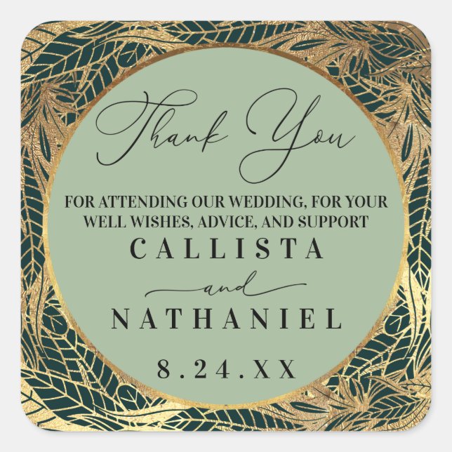 Adesivo Quadrado Elegante Dourado Sage Green Greenery deixa casamen (Frente)