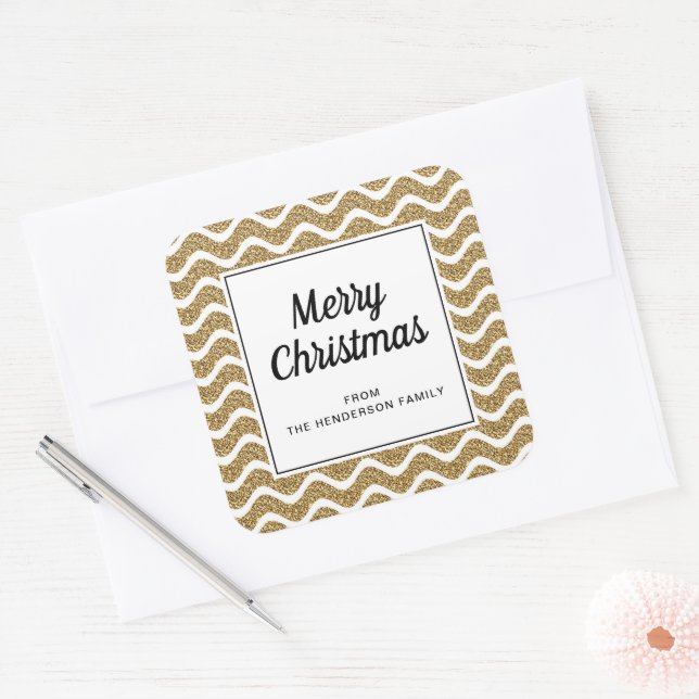 Adesivo Quadrado Elegante Dourado Stripes Script Feliz Natal (Envelope)