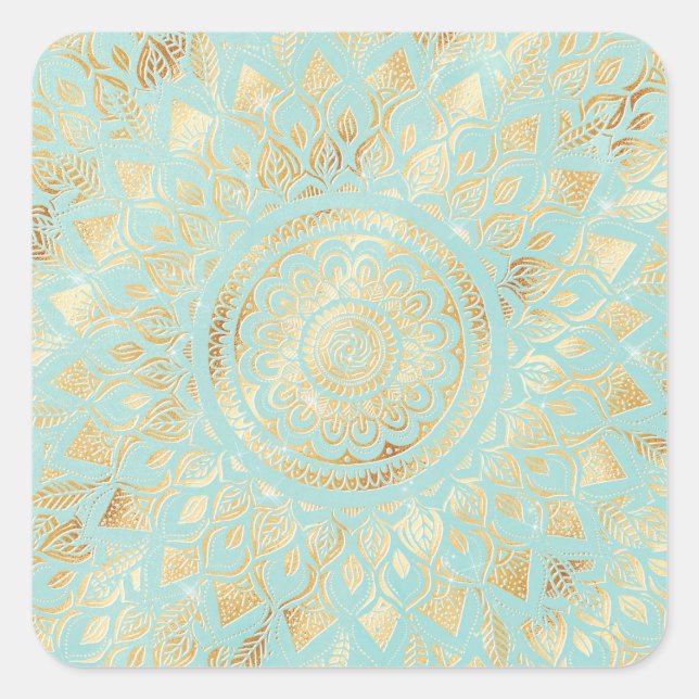 Adesivo Quadrado Elegante Dourado Teal Mandala Floral (Frente)