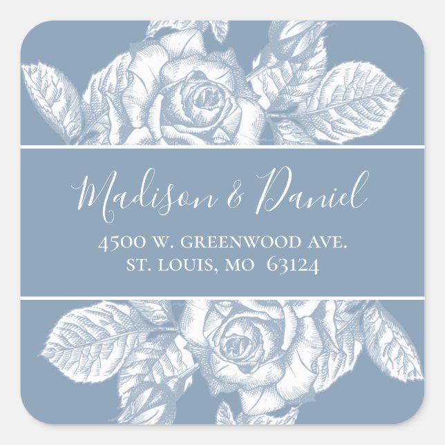 Adesivo Quadrado Elegante Dusty Blue Floral Endereço de Devolução (Frente)