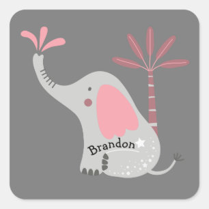 Adesivo Quadrado Elegante Elefante Cinza Nome Personalizado Árvore