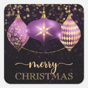 Adesivo Quadrado Elegante Enfeite de Natal Roxo e Dourado Feliz Nat