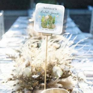 Adesivo Quadrado Elegante Estátua de Gazebo Pombas Flores Chá de No