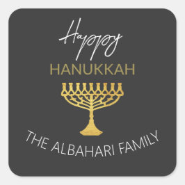 Adesivo Quadrado Elegante Feliz Hanukkah Ouro Menorah