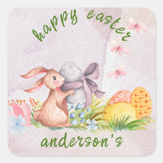 Adesivo Quadrado Elegante Floral Aquarela - Feliz Páscoa  (Frente)