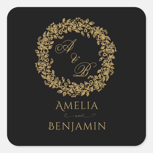 Adesivo Quadrado Elegante Floral Dourado Francês Vintage  (Frente)