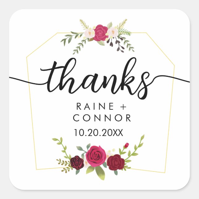 Adesivo Quadrado Elegante Floral Obrigado Casamento (Frente)