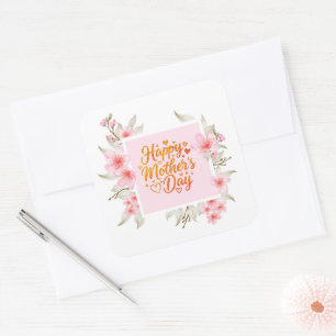 Adesivo Quadrado Elegante Floral Rosa "Feliz Dia das Mães"