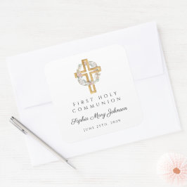 Adesivo Quadrado Elegante Floral Wreath Cross Girl Primeira Comunhã
