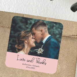 Adesivo Quadrado Elegante Foto de Casamento Rosa Bege Amor e Gratid