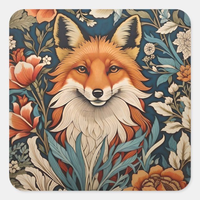 Adesivo Quadrado Elegante Fox William Morris Inspirou Floral (Frente)