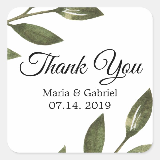 Adesivo Quadrado Elegante galhos verdes Casamento aéreo Obrigado (Frente)
