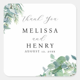Adesivo Quadrado Elegante Greenery Casamento Obrigado Sticker
