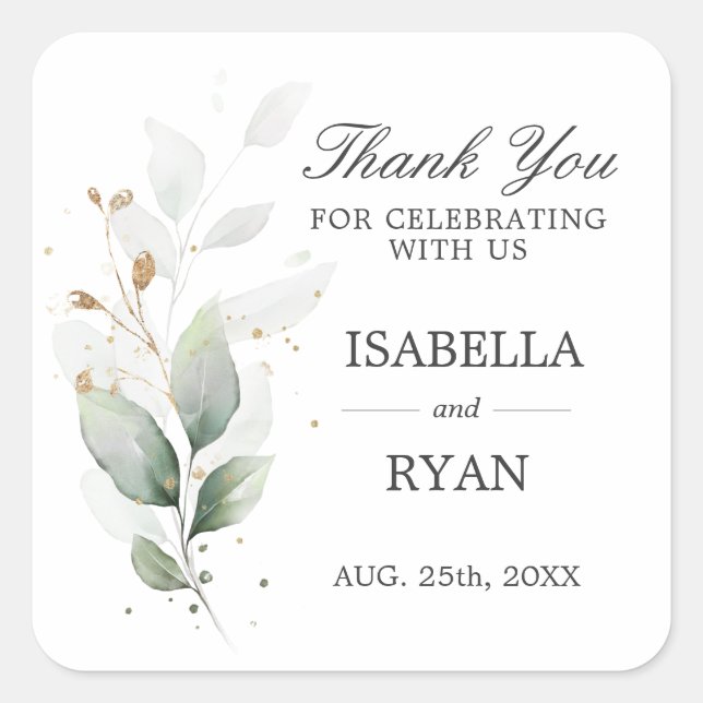 Adesivo Quadrado Elegante Greenery Deixa Dourado Obrigado (Frente)