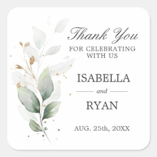 Adesivo Quadrado Elegante Greenery Deixa Dourado Obrigado