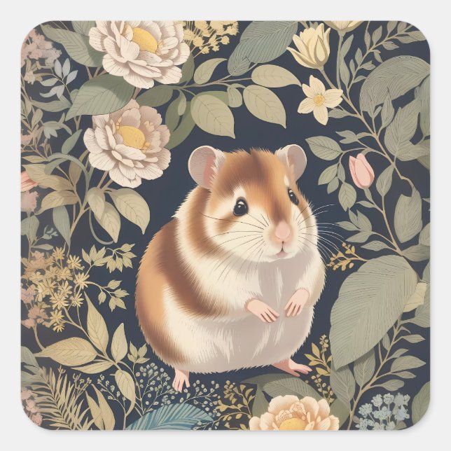Adesivo Quadrado Elegante Hamster William Morris Inspirou Floral (Frente)