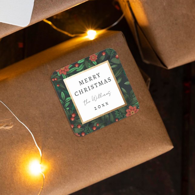Adesivo Quadrado Elegante Holly Berries Foliage Feliz Natal (Criador carregado)