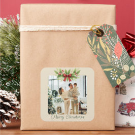 Adesivo Quadrado Elegante Holly e Arco Vermelho Natal -