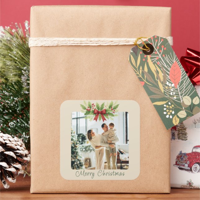 Adesivo Quadrado Elegante Holly e Arco Vermelho Natal - (Feriado)