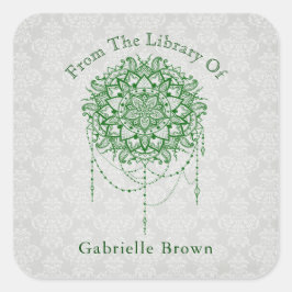 Adesivo Quadrado Elegante Jeweled Zen Mandala Damask Bookplate