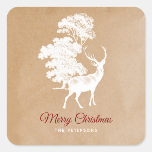 Adesivo Quadrado Elegante Kraft Paper White Deer in Forest