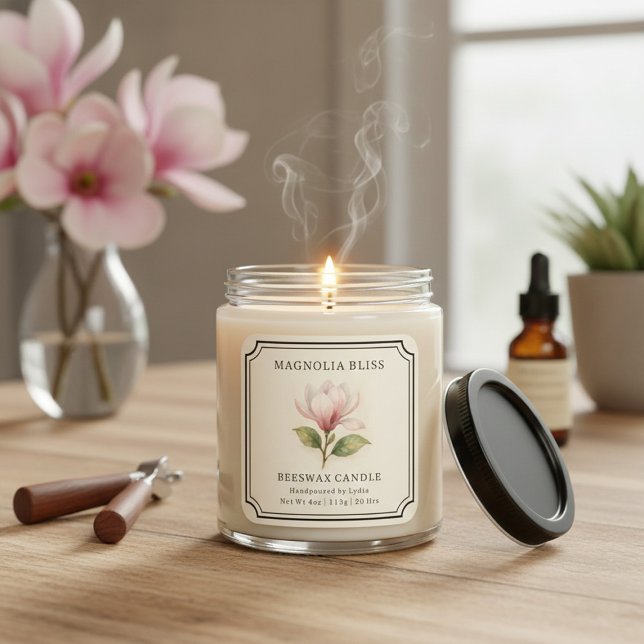 Adesivo Quadrado Elegante Magnolia Bliss Beswax Candle Business (Criador carregado)
