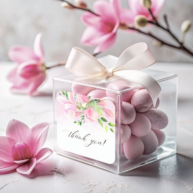 Adesivo Quadrado Elegante Magnolia Rosa Watercolor Obrigado (Elegant Pink Magnolia Watercolor Thank You Square Sticker)