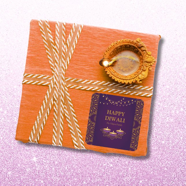 Adesivo Quadrado Elegante mandala diyas hindu e púrpura diwali (Criador carregado)